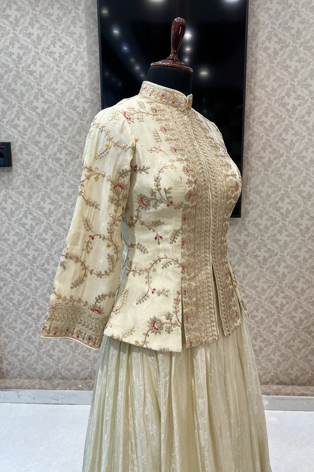 Cream Embroidery, Zari and Banaras work Peplum Style Lehenga