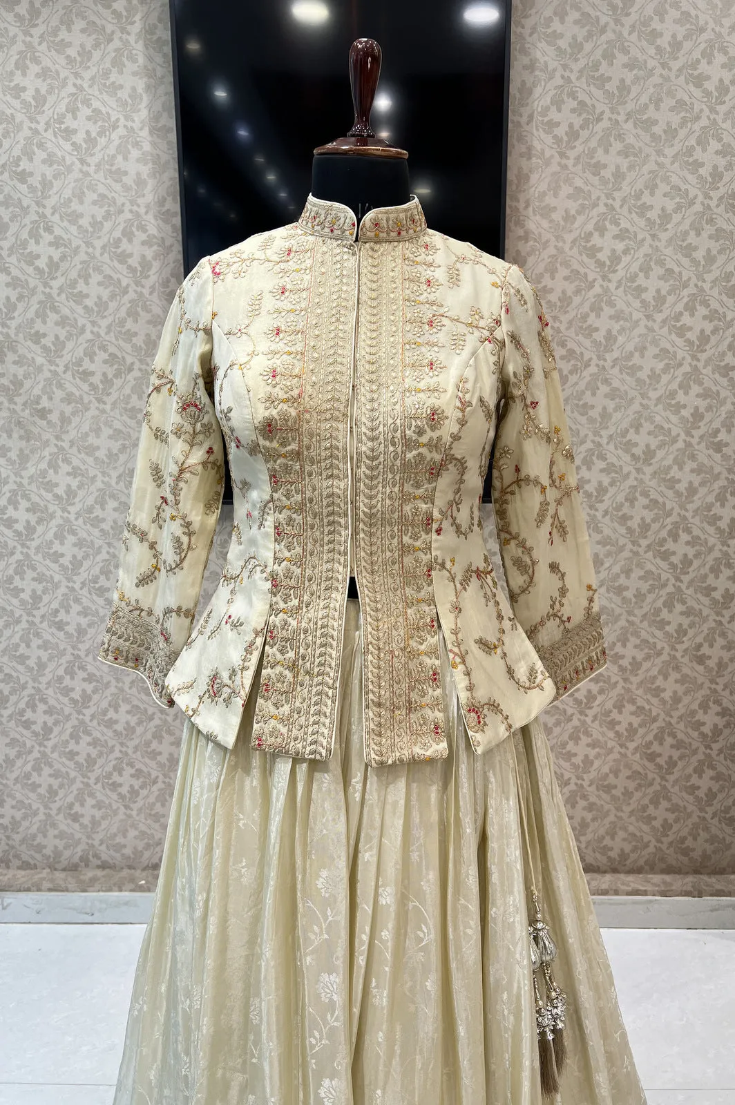 Cream Embroidery, Zari and Banaras work Peplum Style Lehenga