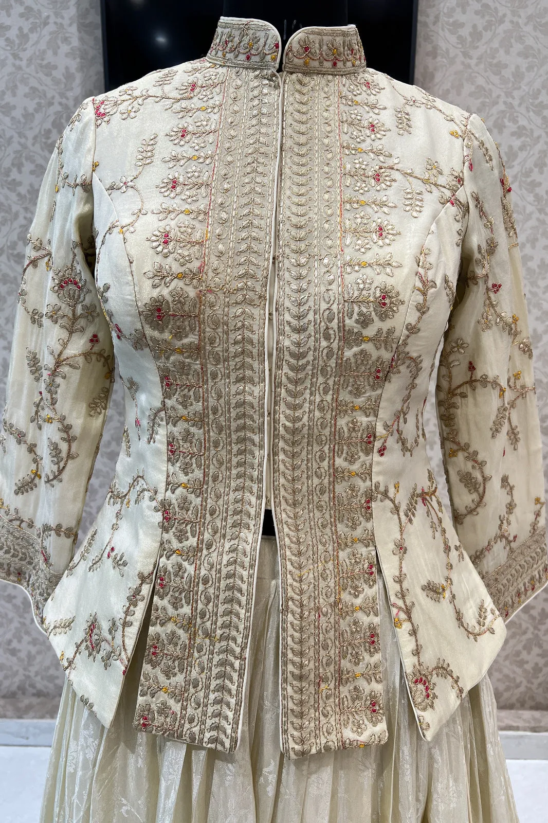 Cream Embroidery, Zari and Banaras work Peplum Style Lehenga