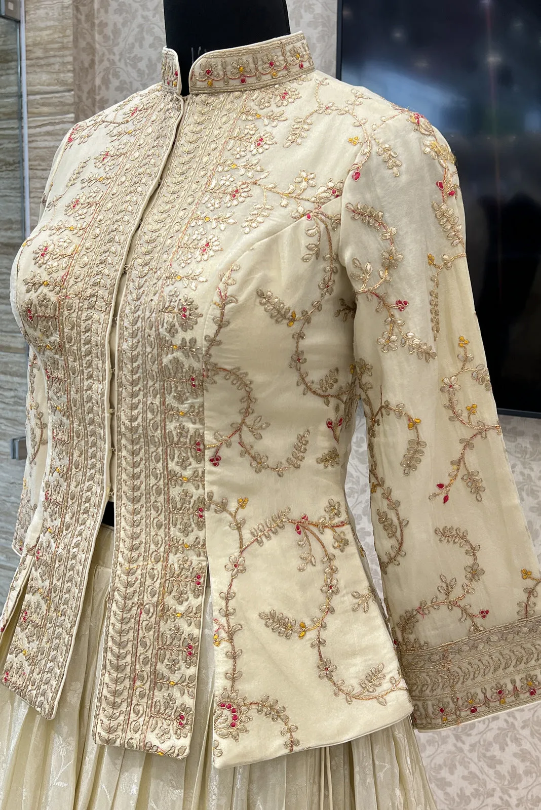 Cream Embroidery, Zari and Banaras work Peplum Style Lehenga