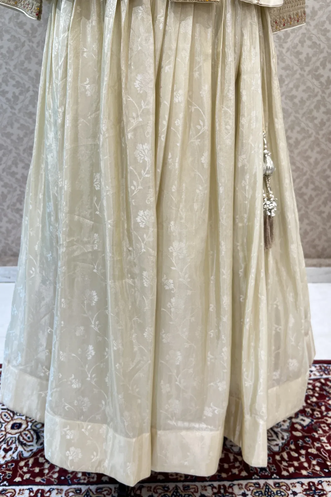 Cream Embroidery, Zari and Banaras work Peplum Style Lehenga