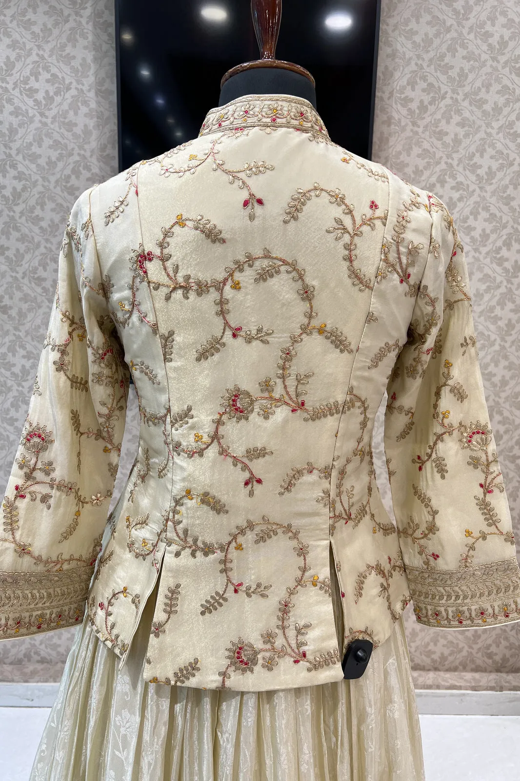 Cream Embroidery, Zari and Banaras work Peplum Style Lehenga