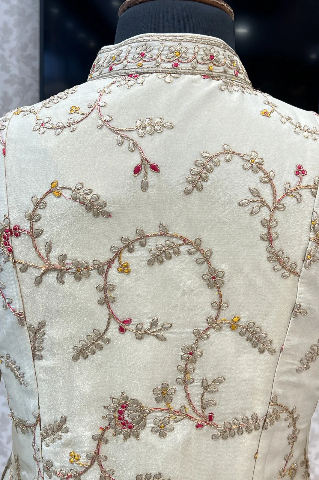 Cream Embroidery, Zari and Banaras work Peplum Style Lehenga