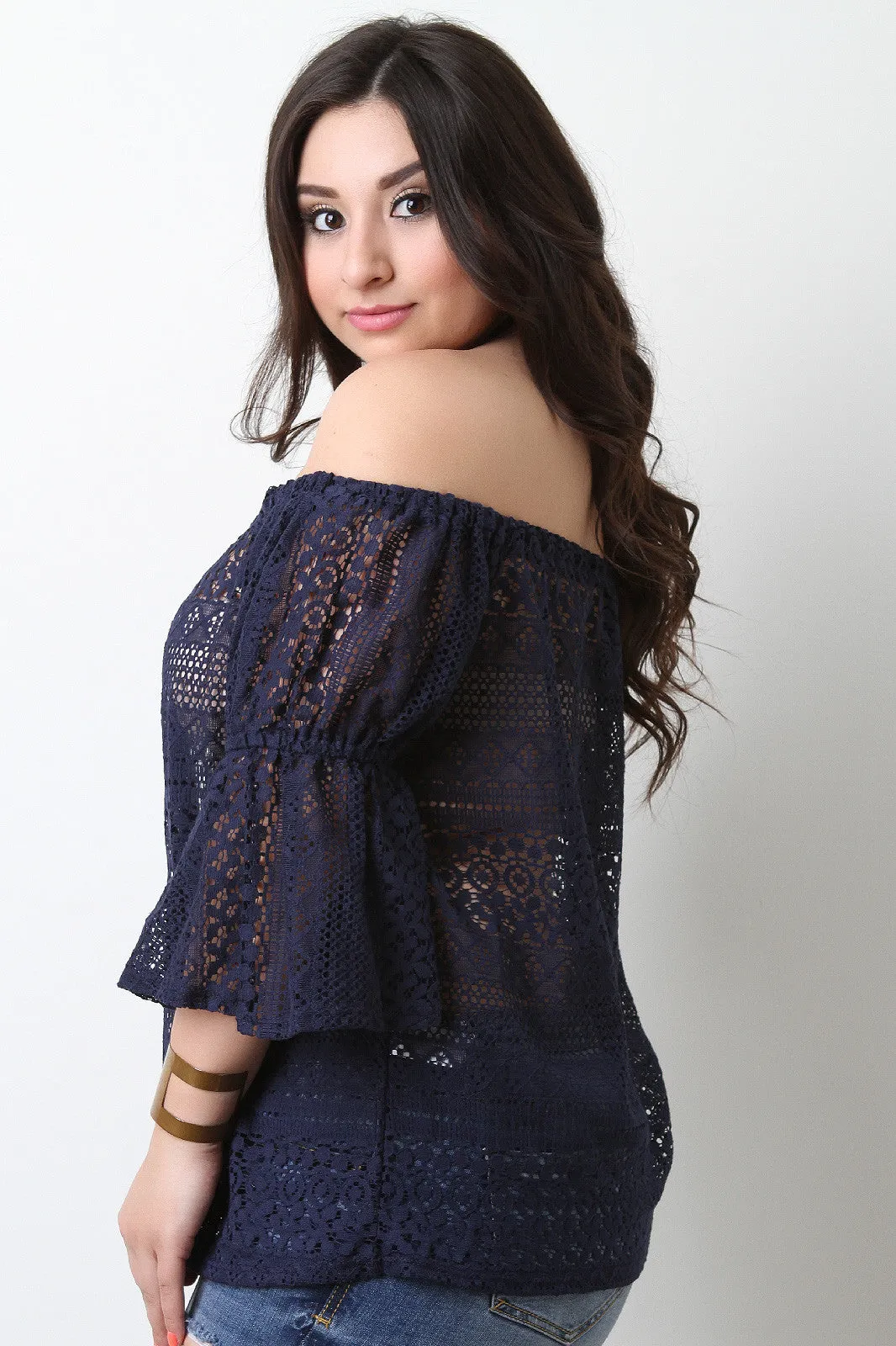 Crochet Bardot Bell Sleeves Top