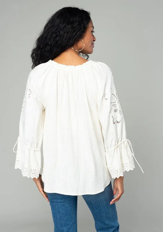 Embroidered Bell Sleeve Eyelet Blouse