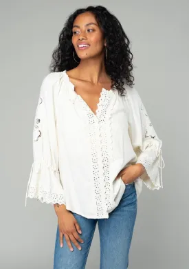 Embroidered Bell Sleeve Eyelet Blouse