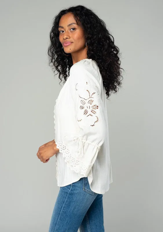 Embroidered Bell Sleeve Eyelet Blouse