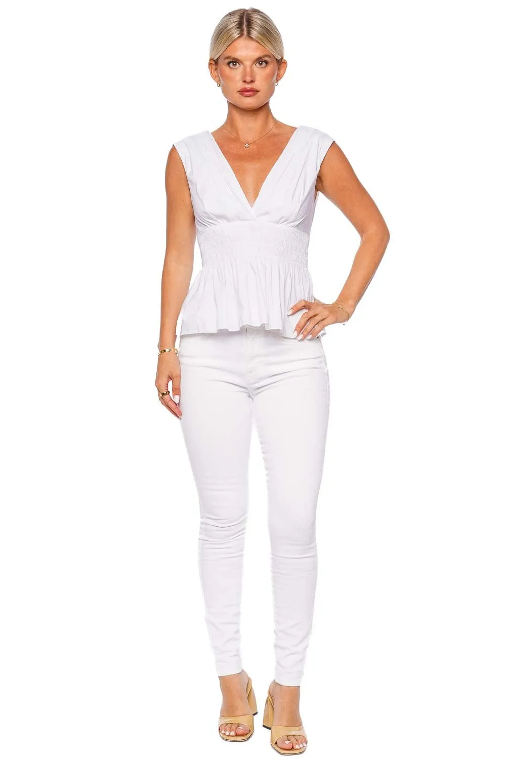 Evra White Cotton Peplum Top