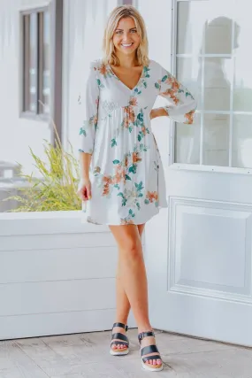 Experience Trust Floral Empire Waist Short Bell Sleeve Dress in Ivory