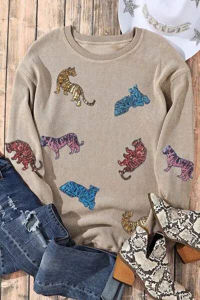 Explore More Collection - Animal Sequin Dropped Shoulder Sweatshirt