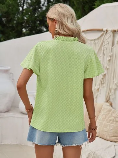 Explore More Collection - Checkered Notched Flutter Sleeve Blouse