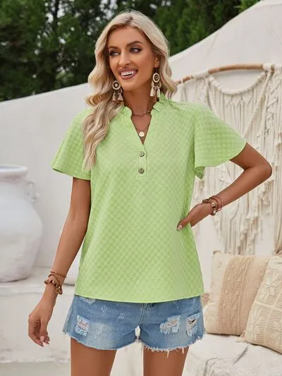 Explore More Collection - Checkered Notched Flutter Sleeve Blouse