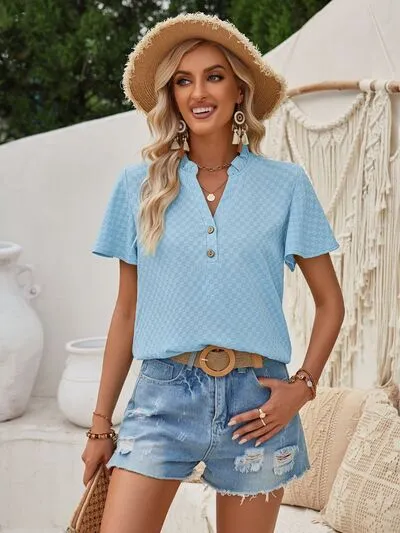 Explore More Collection - Checkered Notched Flutter Sleeve Blouse