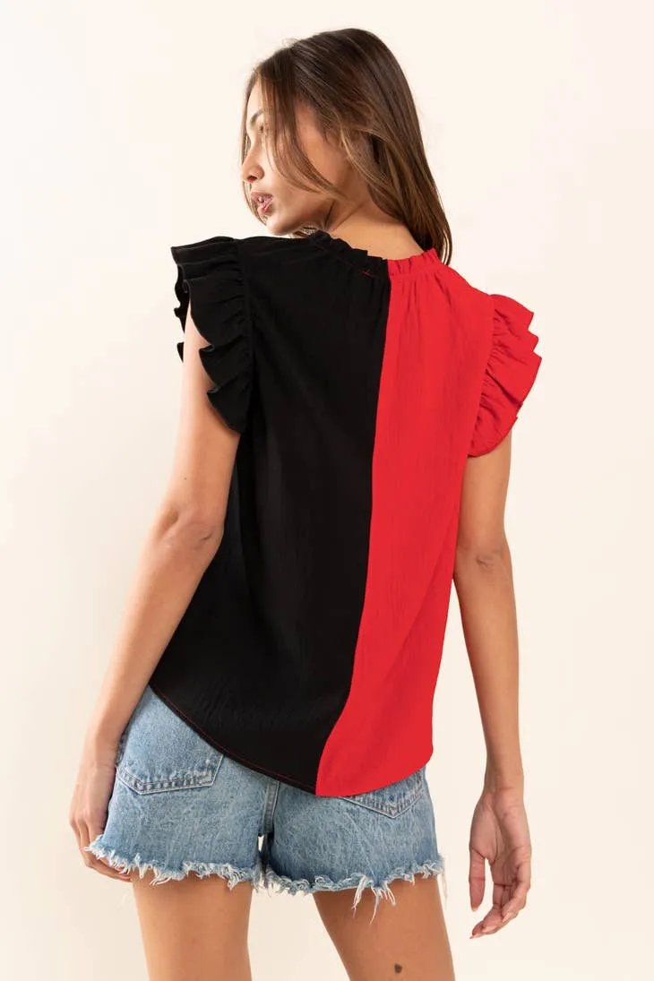 GEORGIA GAME DAY RED AND BLACK RUFFLE COLORBLOCK SLEEVELESS WOVEN BLOUSE TOP