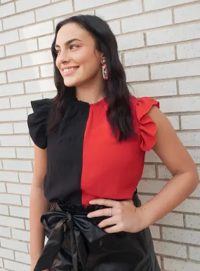 GEORGIA GAME DAY RED AND BLACK RUFFLE COLORBLOCK SLEEVELESS WOVEN BLOUSE TOP