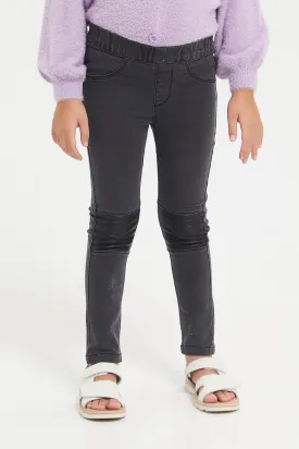Girls Black Jeggings With Pu Cut And Sew Patch