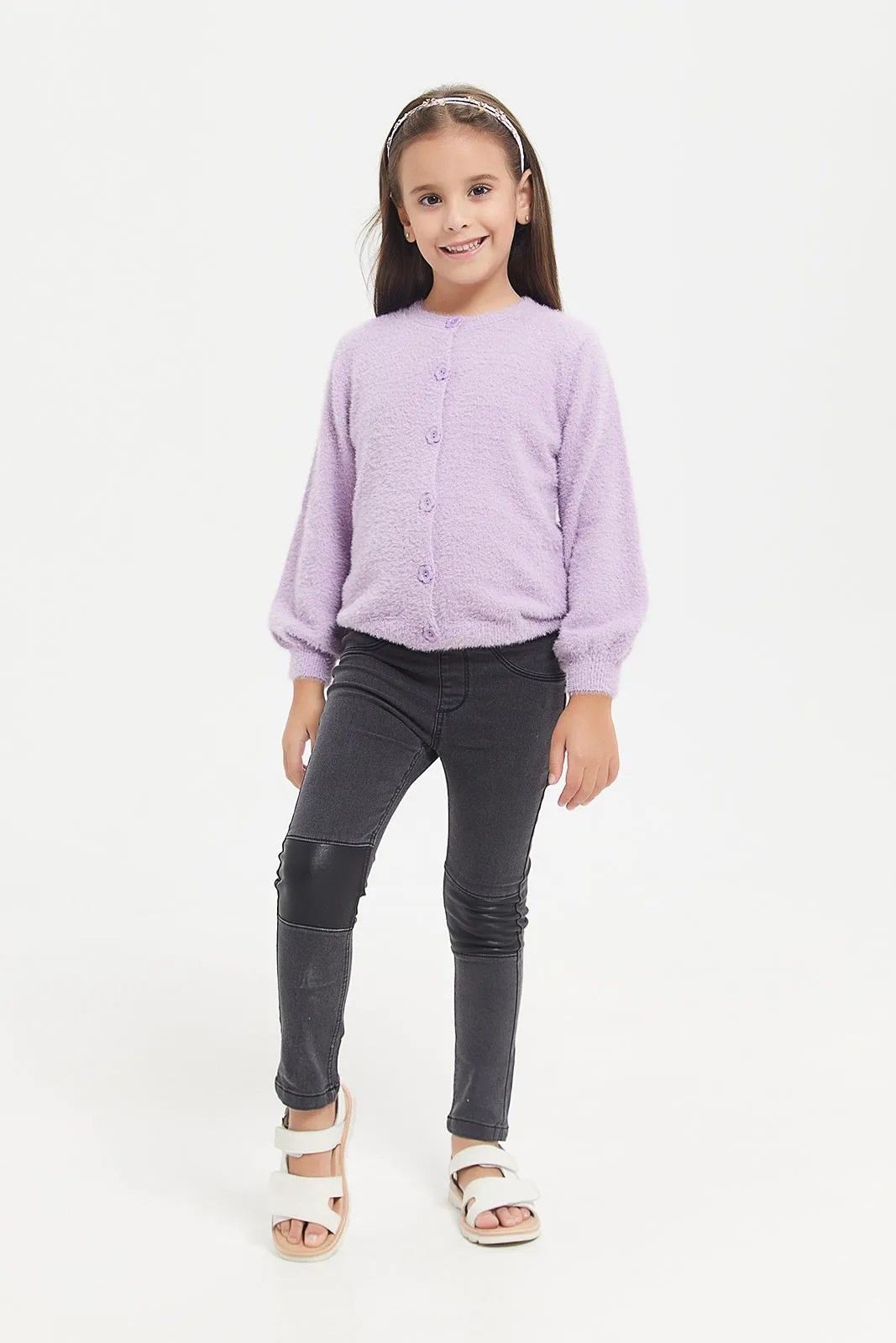 Girls Black Jeggings With Pu Cut And Sew Patch