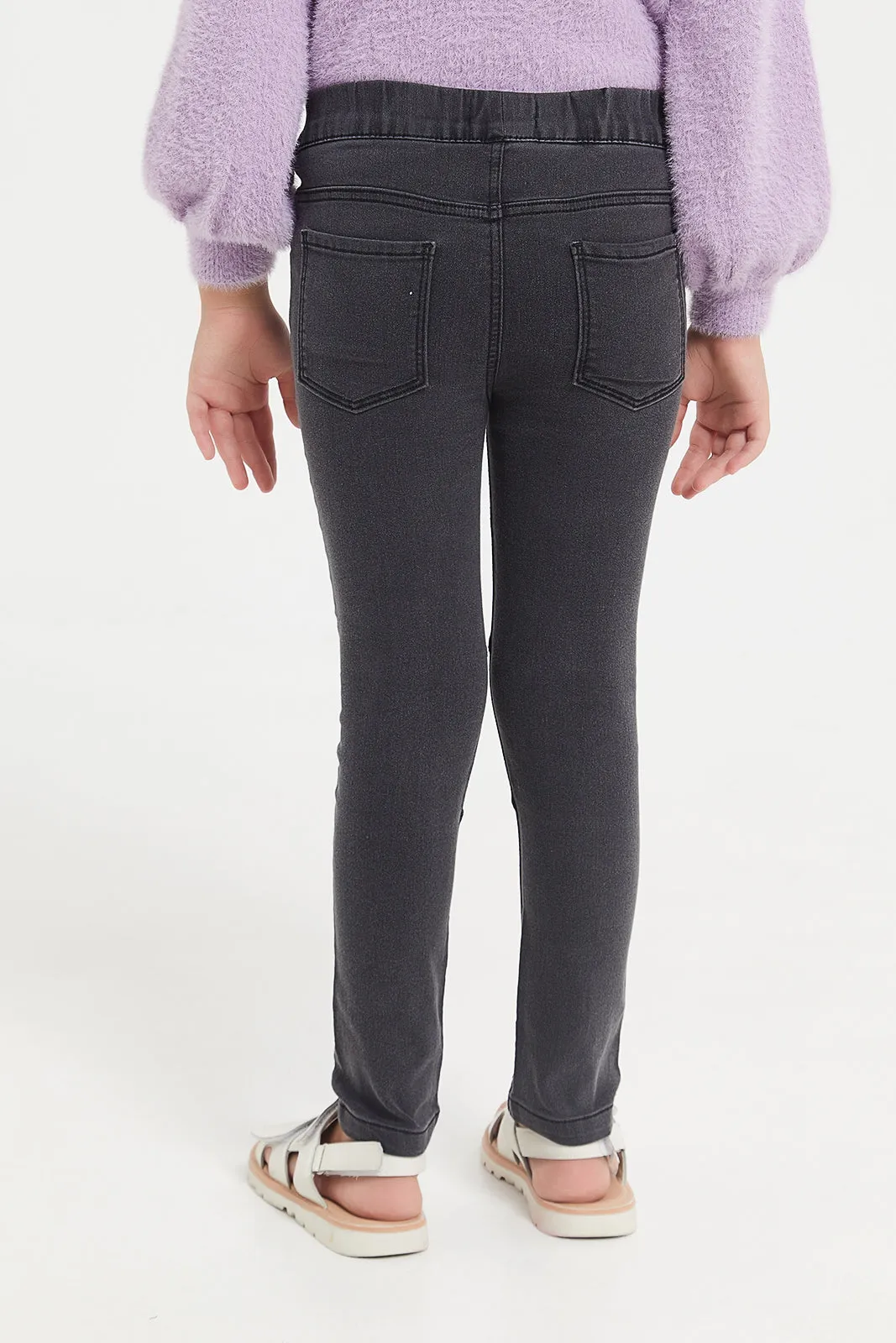 Girls Black Jeggings With Pu Cut And Sew Patch