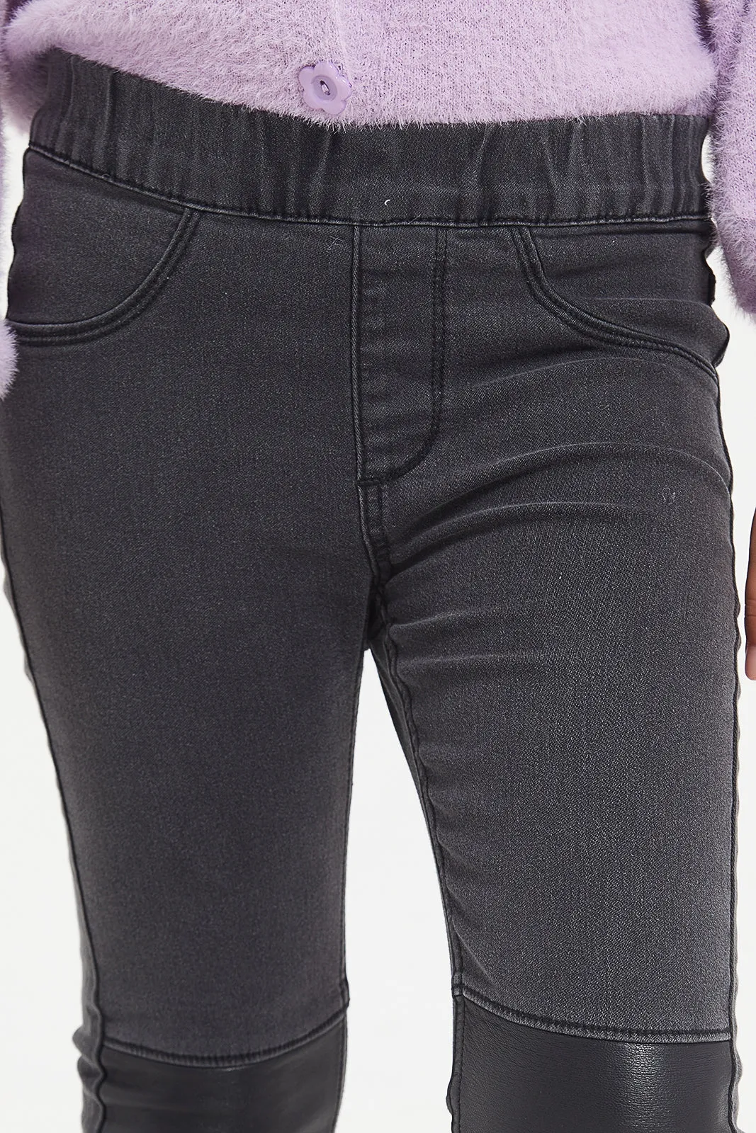 Girls Black Jeggings With Pu Cut And Sew Patch