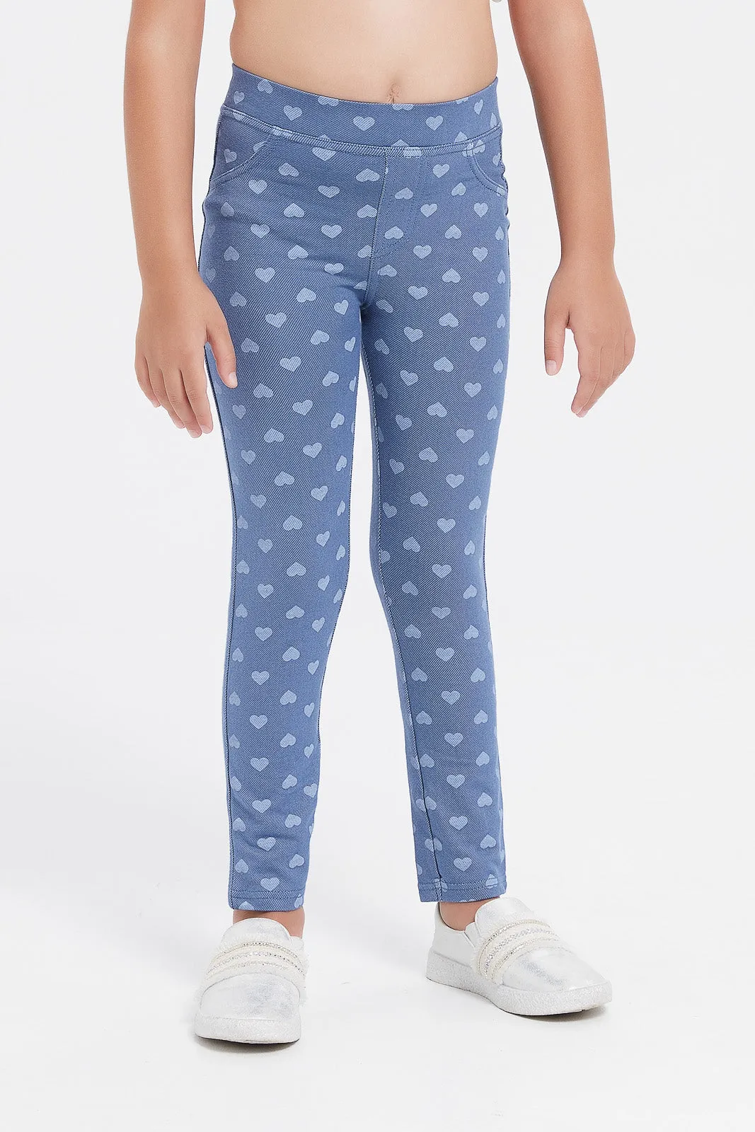 Girls Blue Heart Printed Jeggings