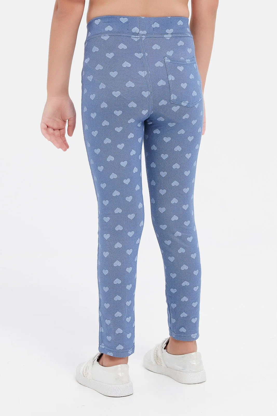Girls Blue Heart Printed Jeggings