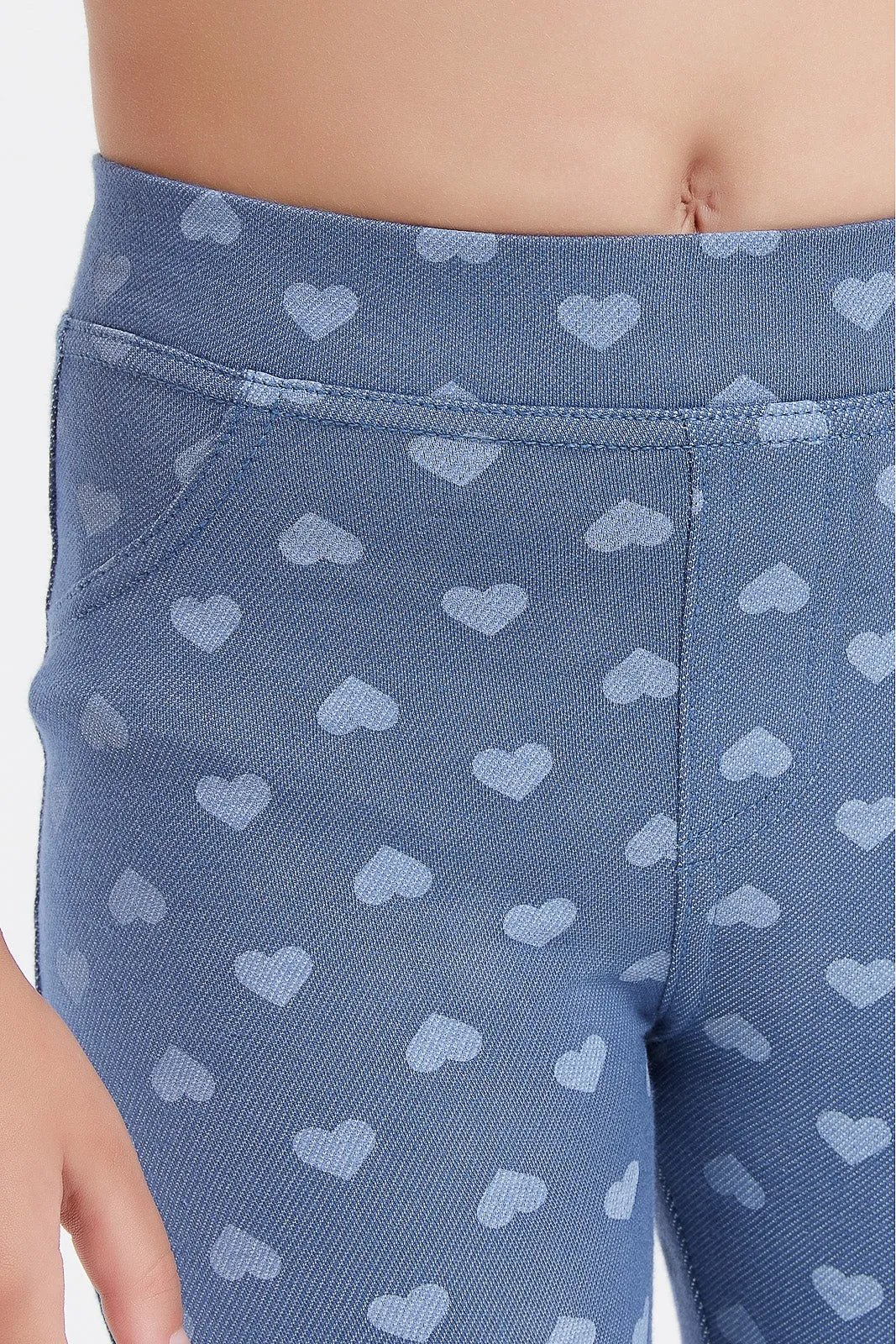 Girls Blue Heart Printed Jeggings