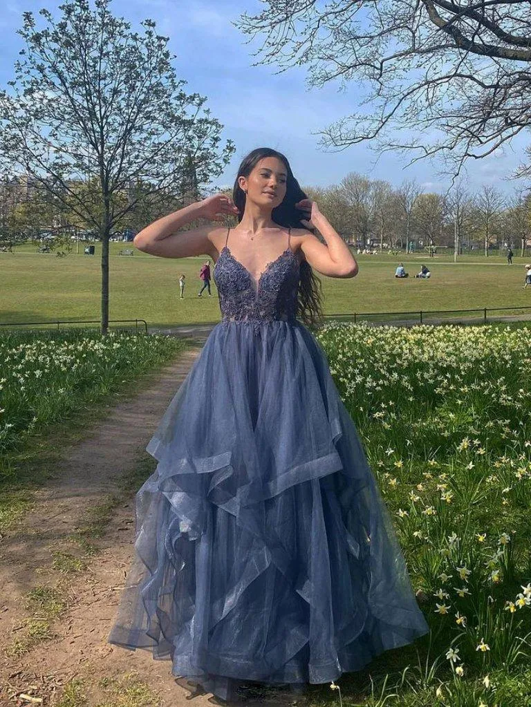 GRAY BLUE V NECK TULLE LACE LONG PROM DRESS BLUE FORMAL DRESS SH408