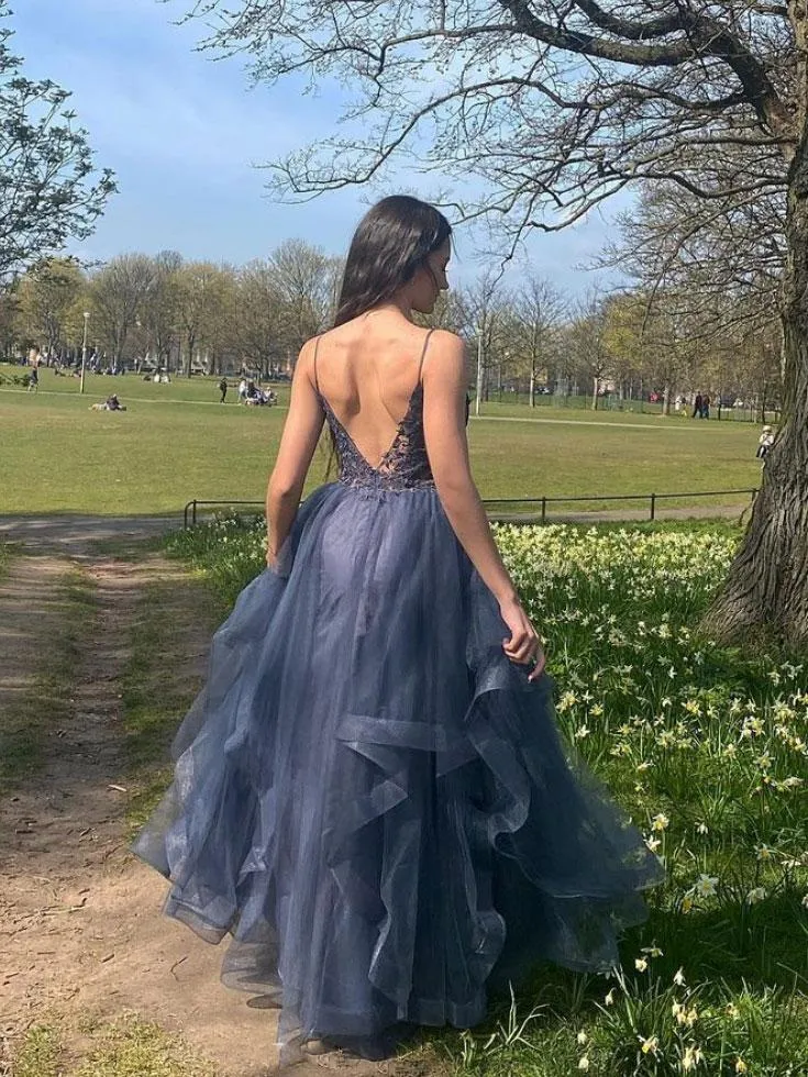 GRAY BLUE V NECK TULLE LACE LONG PROM DRESS BLUE FORMAL DRESS SH408