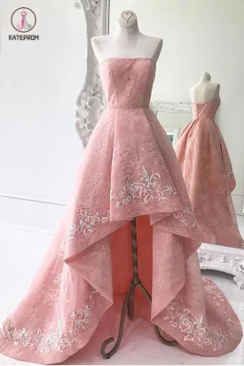High Low Appliqued Prom Dresses Strapless Asymmetrical Lace Long Prom Dress KPP0499