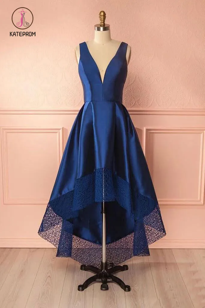 High Low Deep V Neck Sleeveless Prom Dress with Lace, High-low Bridesmaid Dress KPB0126