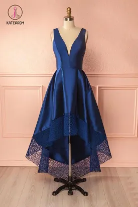 High Low Deep V Neck Sleeveless Prom Dress with Lace, High-low Bridesmaid Dress KPB0126