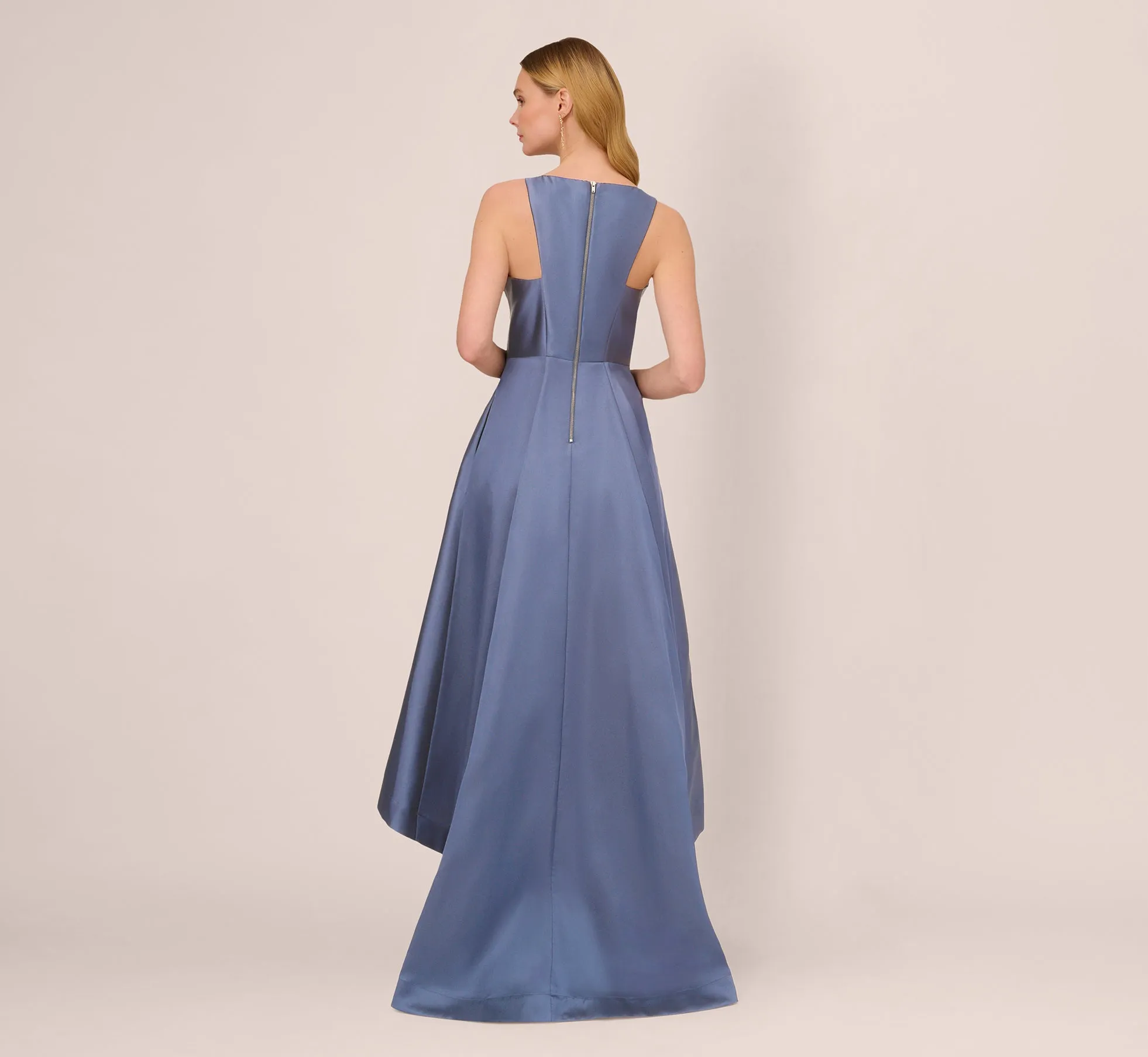 High Low Mikado Gown With Asymmetrical Detail In Blue Frost