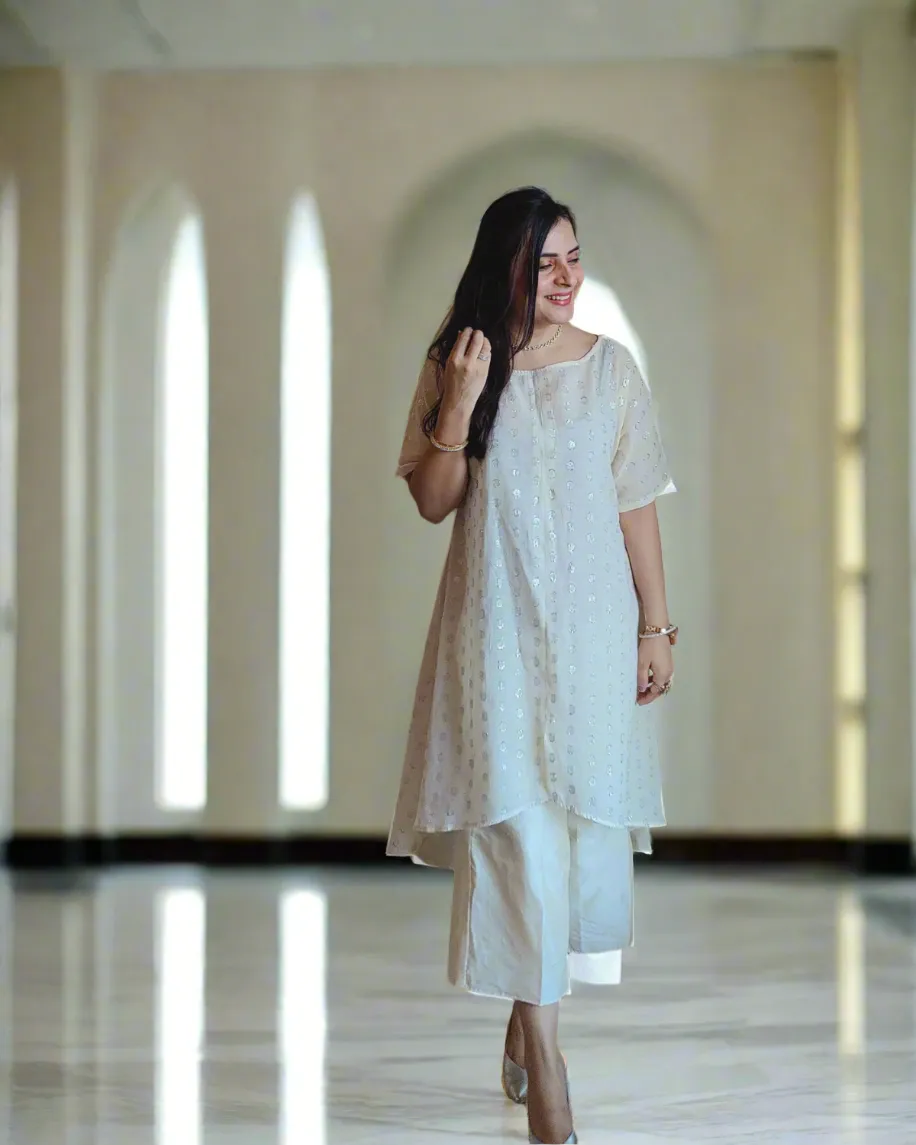 Ivory And Silver High Low Kurta - Set of 2