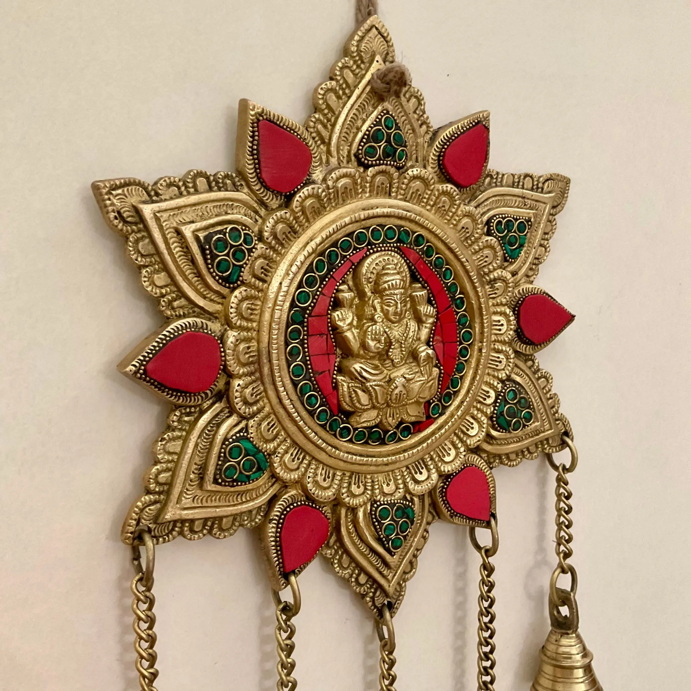 Lakshmi Wall Hanging Bell - Brass Stonework Decor