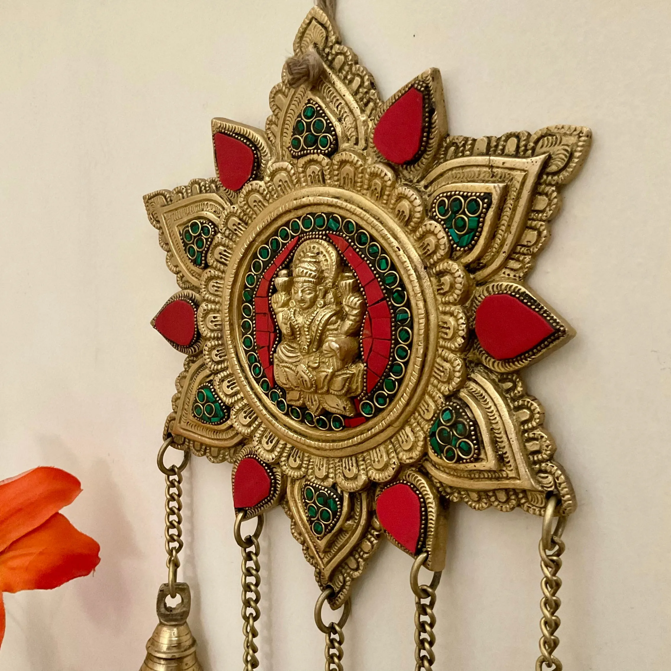 Lakshmi Wall Hanging Bell - Brass Stonework Decor