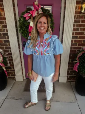 Light Denim Embroidered Top