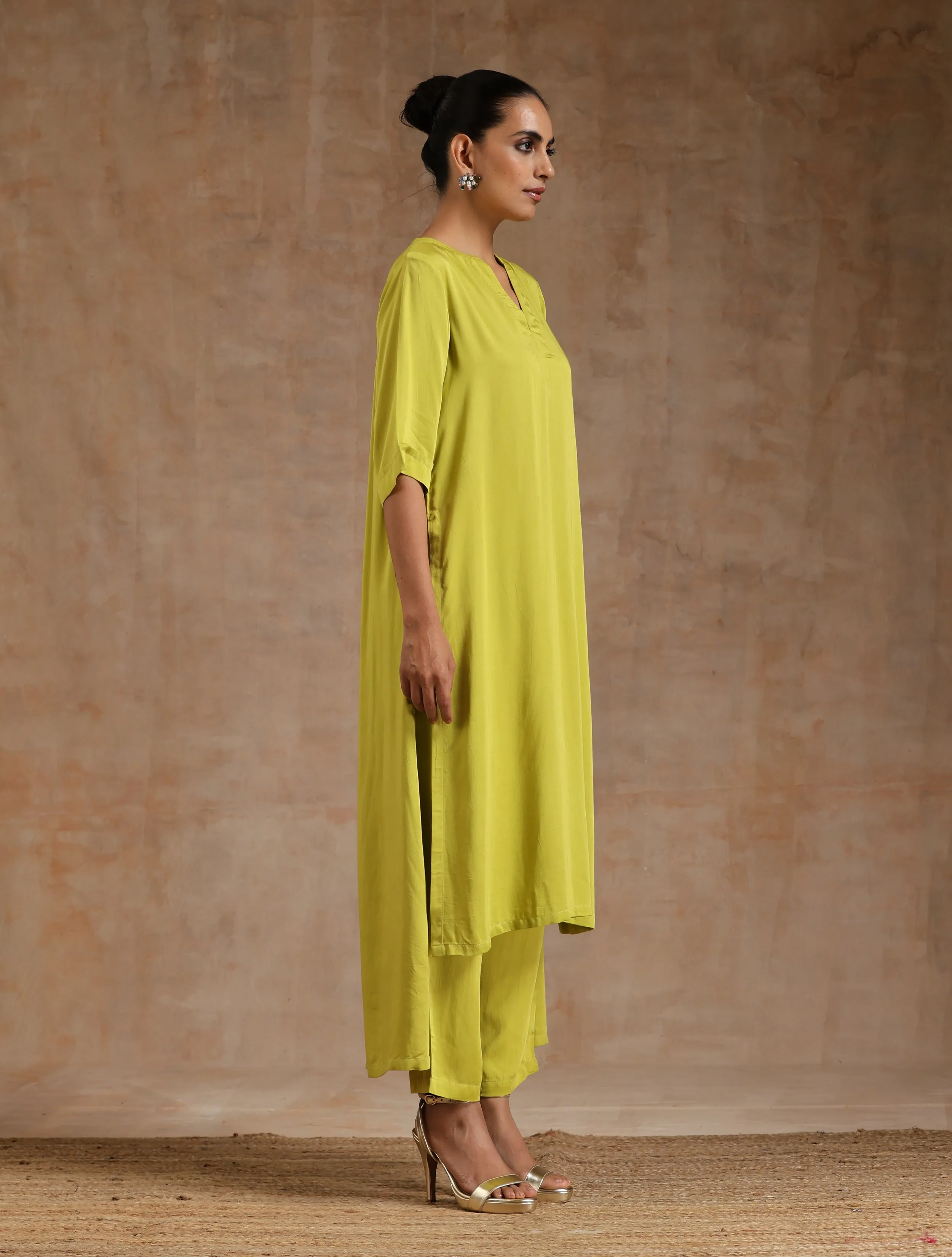 Lime Modal Satin High-Low Relax Kurta Set
