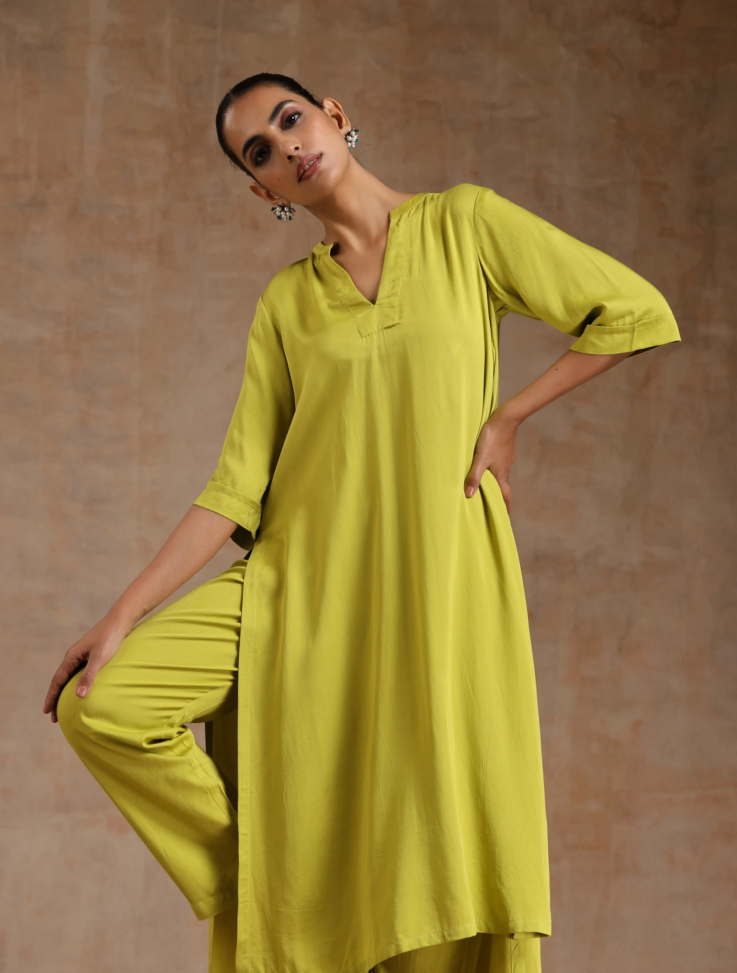 Lime Modal Satin High-Low Relax Kurta Set