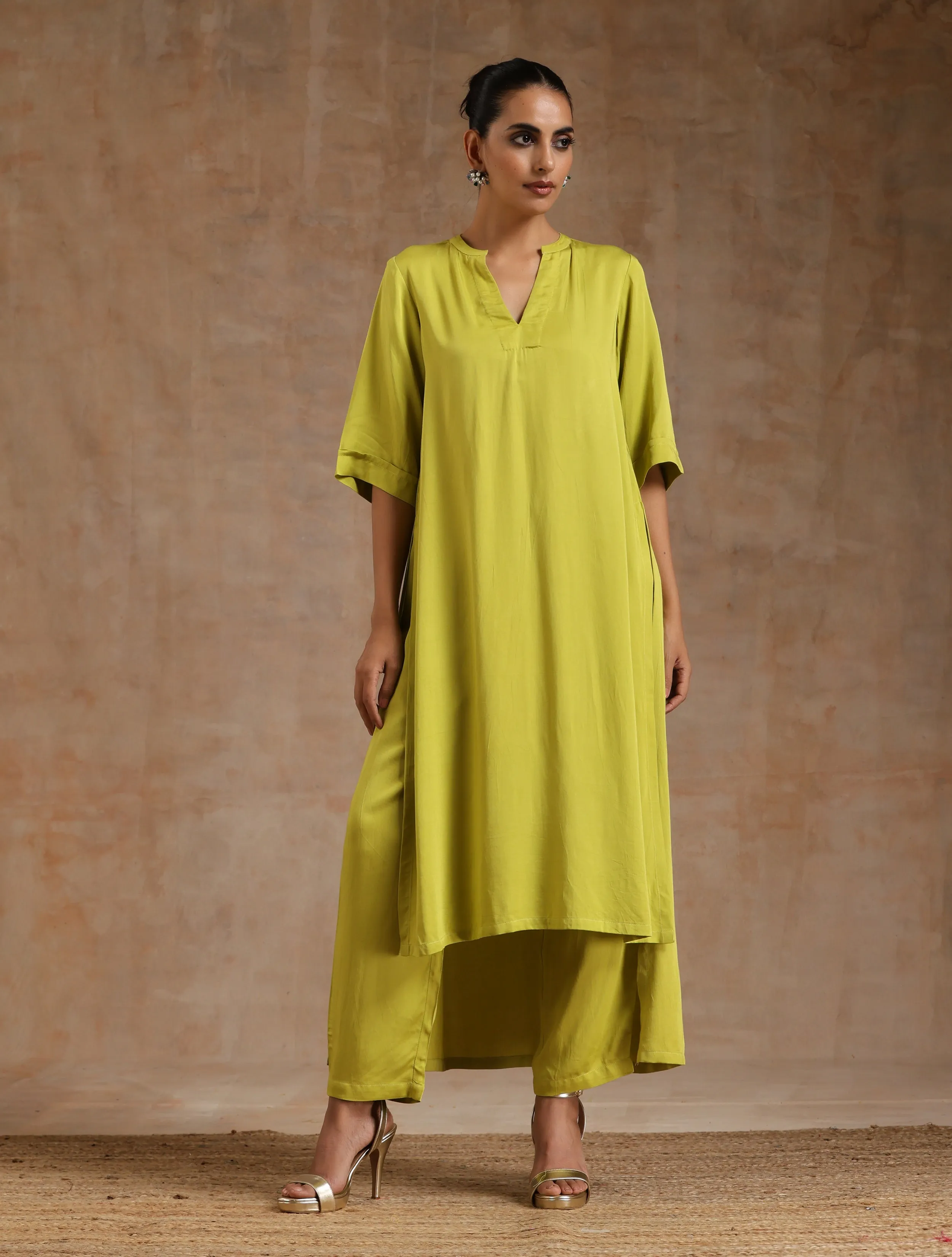 Lime Modal Satin High-Low Relax Kurta Set