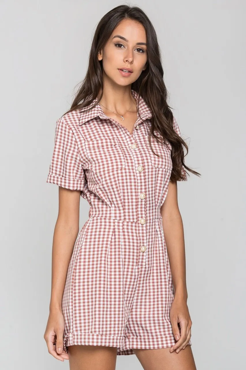 Mauve Gingham Button Up Playsuit