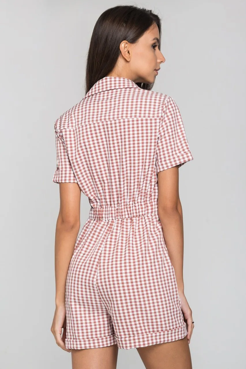 Mauve Gingham Button Up Playsuit