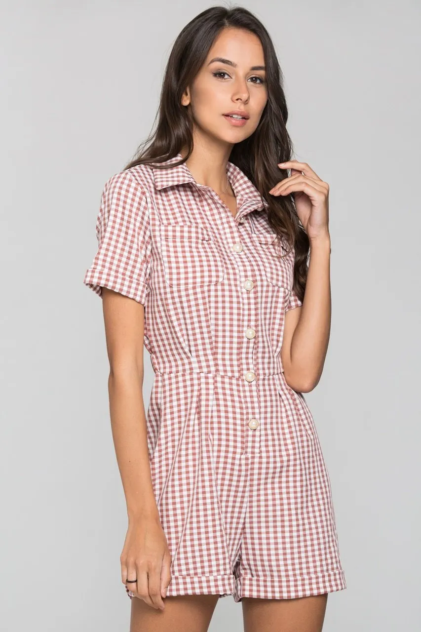 Mauve Gingham Button Up Playsuit