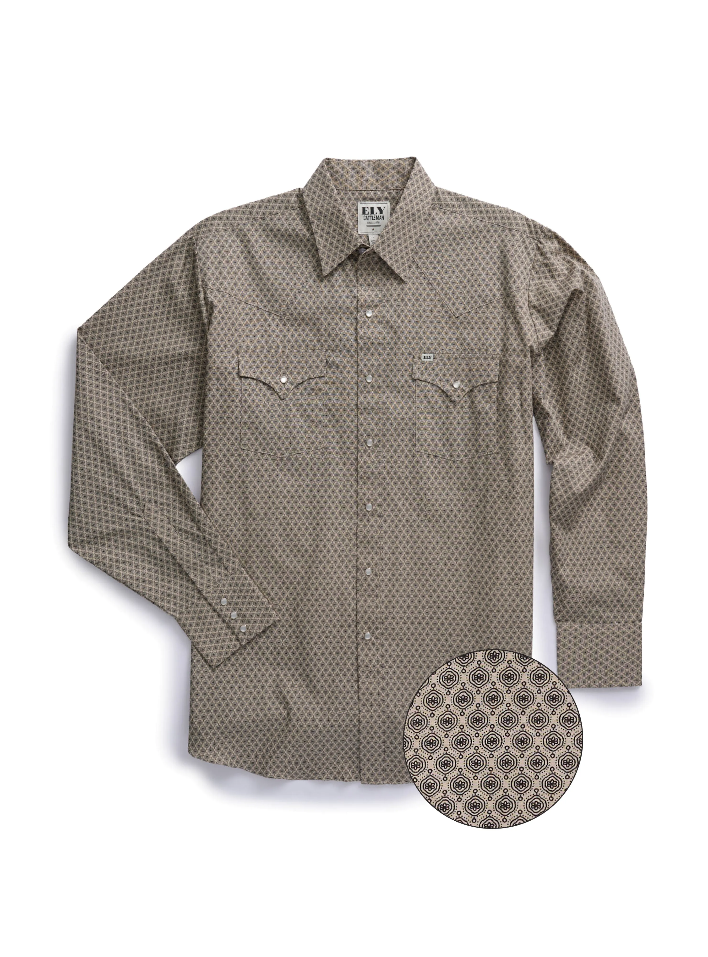 Men's Ely Cattleman Long Sleeve Medallion Print Western Snap Shirt- Teal & Khaki
