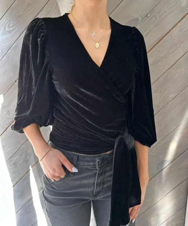 Muche et Muchette Black Velvet 3/4 Sleeve Wrap Blouse