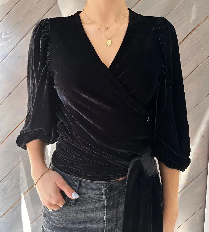 Muche et Muchette Black Velvet 3/4 Sleeve Wrap Blouse