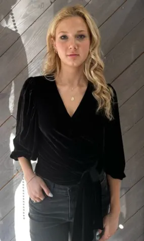 Muche et Muchette Black Velvet 3/4 Sleeve Wrap Blouse
