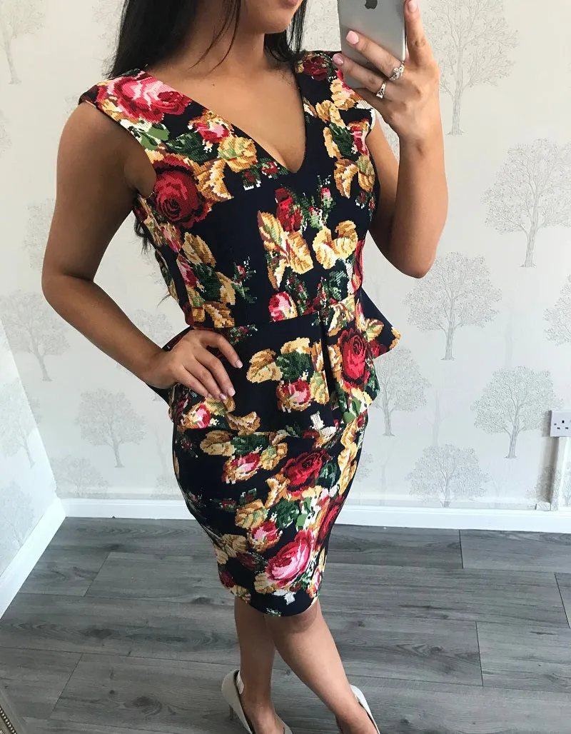 Navy Floral V Neck Peplum Style Dress