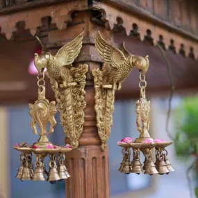Brass Parrot Hanging Diya and Bell Set with Shanku & Chakra - Decorative Antique Finish Wall Hanging - Set of 2