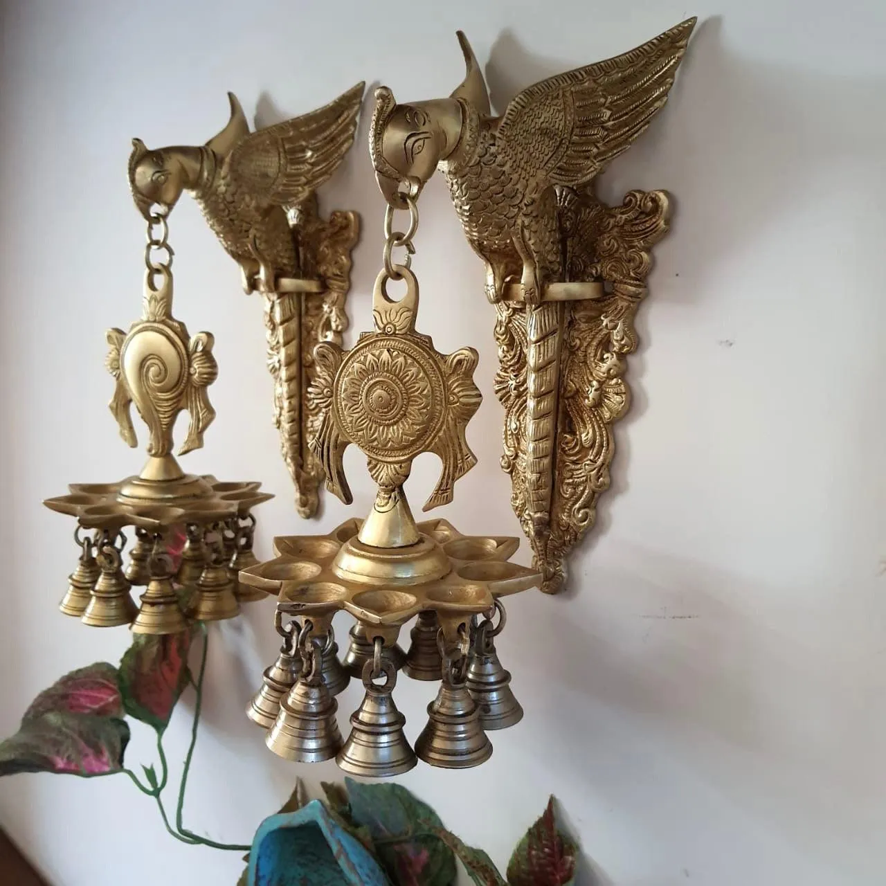 Brass Parrot Hanging Diya and Bell Set with Shanku & Chakra - Decorative Antique Finish Wall Hanging - Set of 2