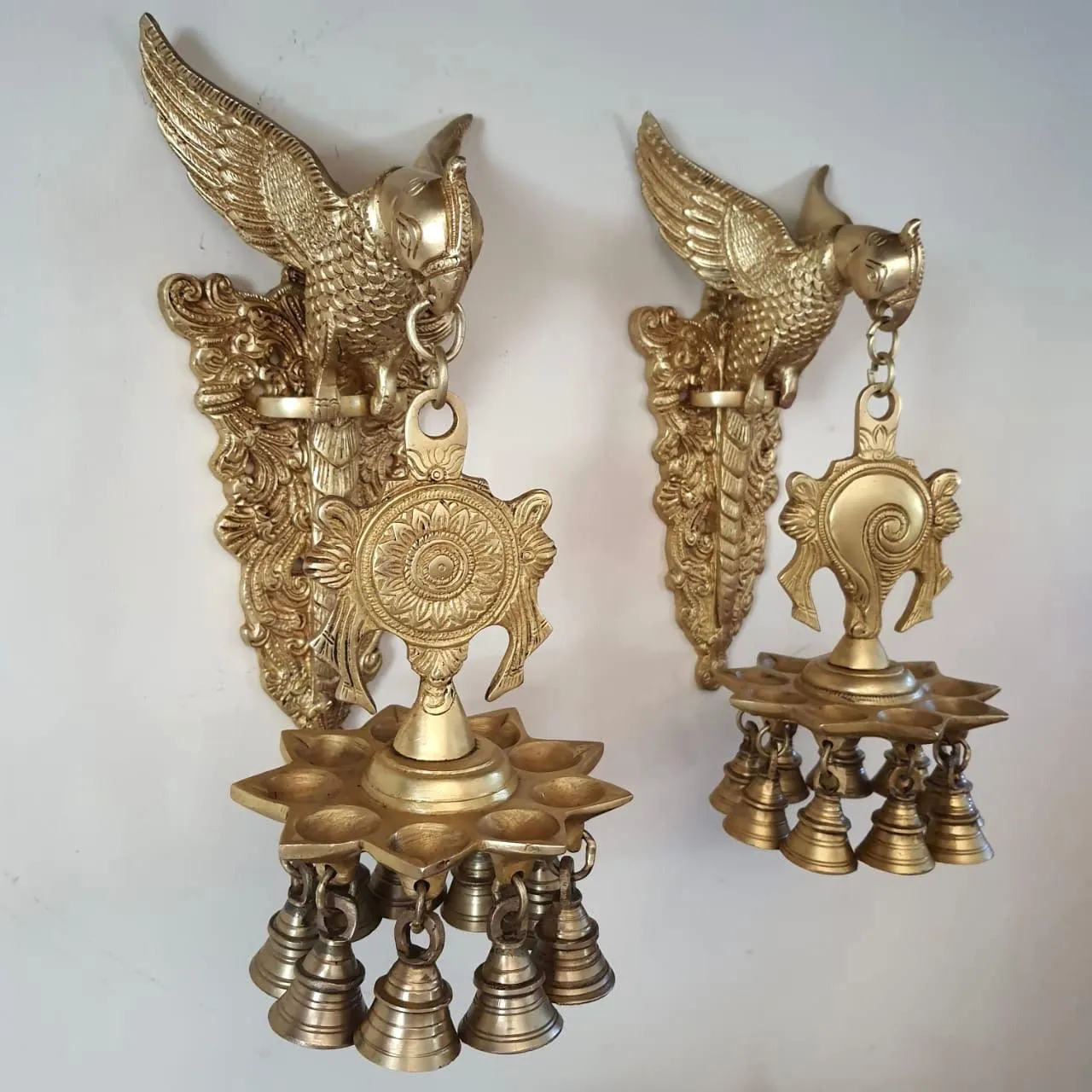 Brass Parrot Hanging Diya and Bell Set with Shanku & Chakra - Decorative Antique Finish Wall Hanging - Set of 2